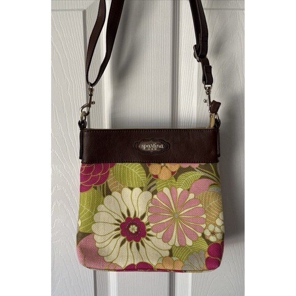 SPARTINA 449 Floral Canvas w. Leather Trim Crossbody Bag Pink/ Green - Picture 1 of 8